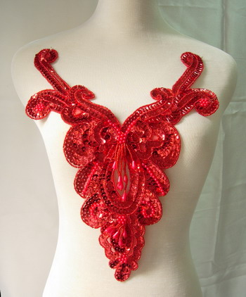 NK27-2 Red Fringed Sequin Bead Applique Victorian Neck Bodice