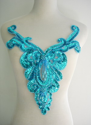 NK27-4 Aqua Sequin Bead Applique Victorian Necklace Bodice - Click Image to Close