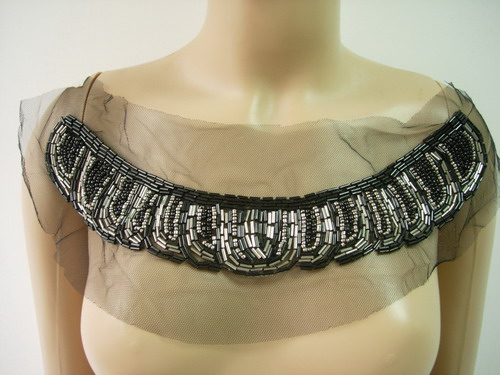 NK279 Antique Silver Black Beaded Bugle Neckline Tulle Applique