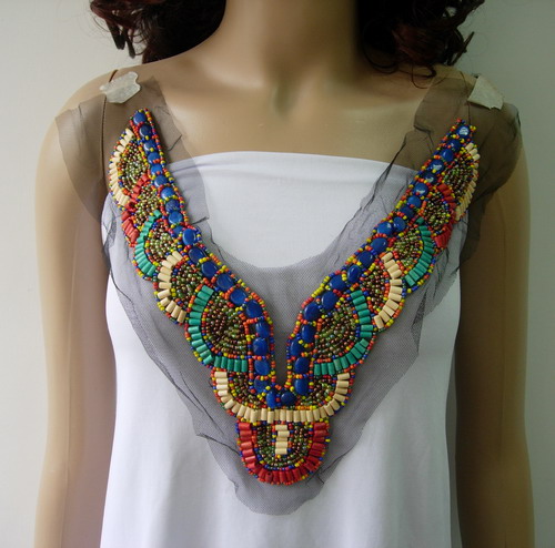 NK288 BOHO Chic Neckline Colorful Beaded Tulle Applique Jewelry - Click Image to Close