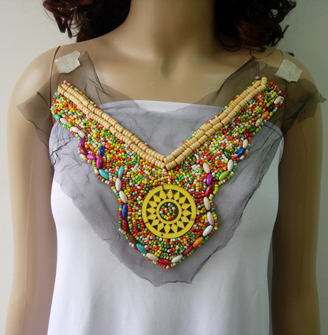 NK289 Colorful BOHO Celtic Neck Yoke Wood Beaded Tulle Applique