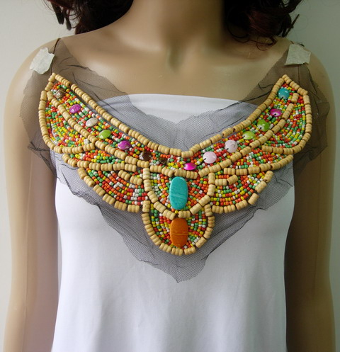 NK290 African Maasai Mixed Beaded Collar Yoke Tulle Applique - Click Image to Close