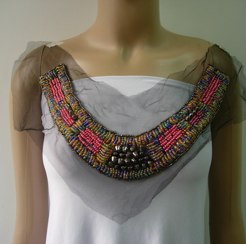 NK295-2 Colorful Beaded Studs Applique Embellished Neckline Yoke