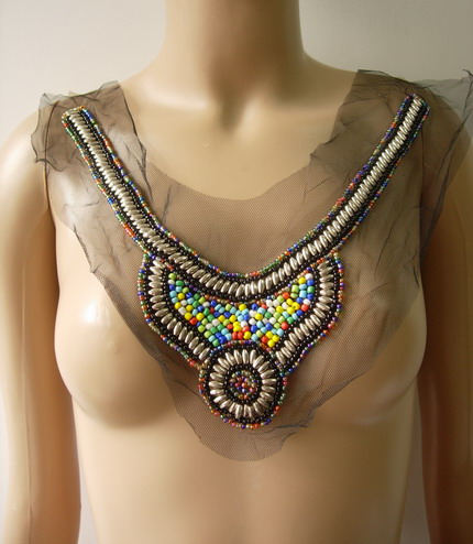 NK300 Trendy Neckline Collar Colorful Beaded Embroidery Applique - Click Image to Close