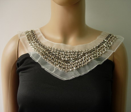 NK317 Fashion Neckline Yoke Beaded Stud Tulle Applique Silver - Click Image to Close