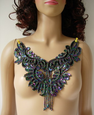 NK33-2 Sequin Bead Applique Necklace w/Fringe Black Iris