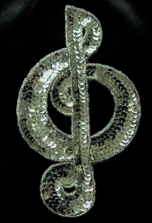 SY21 Treble Musical Clef SILVER Sequin Applique Motif Symbol