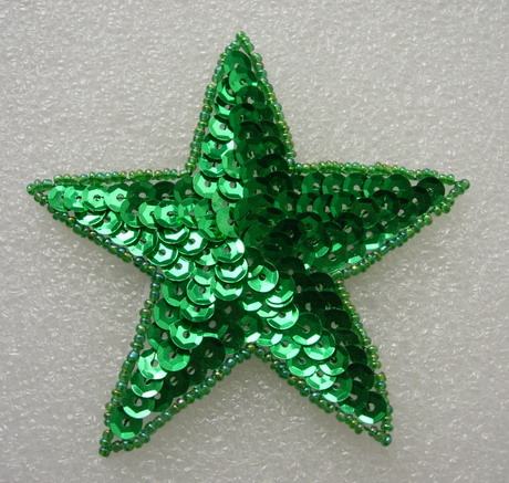 SY09-5 Sequined Beaded Applique Green Star Stars Motif