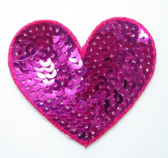 SY144 Heart Embroidery Sequin Applique Iron On Patch Fuchsia