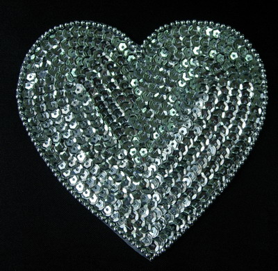 SY149 Heart Shape Sequined Beaded Applique Motif Silver