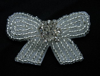 SY155-2 Rhinestones Crystals Beaded Bow Applique Jewelry Silver - Click Image to Close