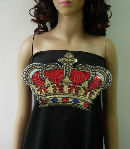 SY159 Fluer De Lis Crown Embroidered Sequined Applique Iron On - Click Image to Close