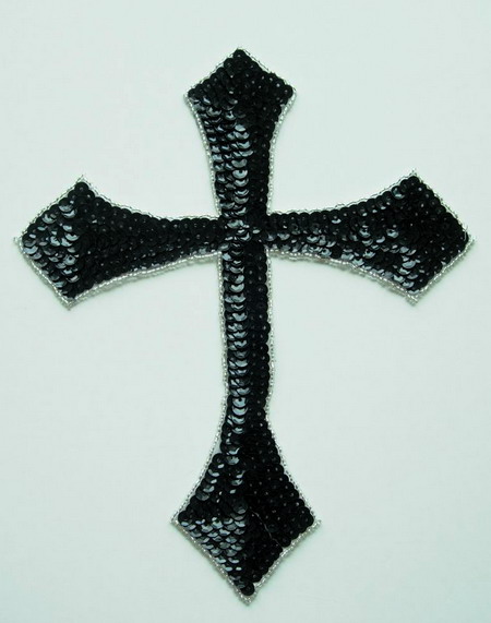 SY42 Holy Cross Catholic Cross Sequin Bead Applique Black Large