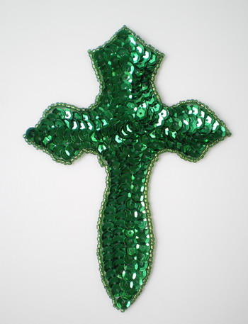 SY59 Holy Cross Catholic Sequin Bead Applique Christmas Green