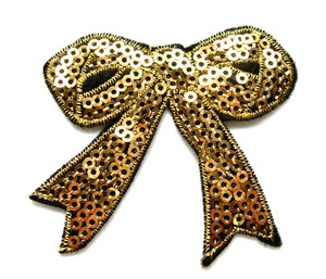 SY68 Embroided Fashion Bow Sequin Applique Iron On Patch Gold x2