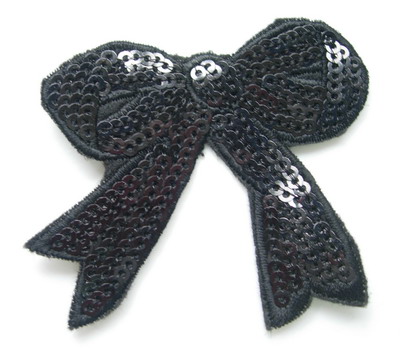 SY69-2 Embroided Fashion Bow Sequin Iron On Patch Black x2 - Click Image to Close