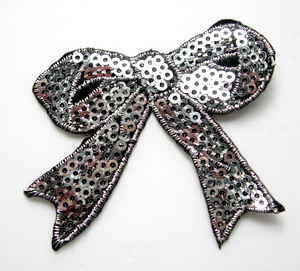 SY69 Embroided Fashion Bow Sequin Iron On Patch Silver x2 - Click Image to Close