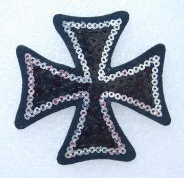 SY74 Maltese Cross Patch Sequin Applique Sliver Black Iron On