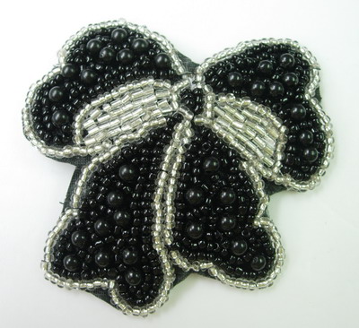 SY78 Silver Black Bow Sequin Bead Applique Unique Design