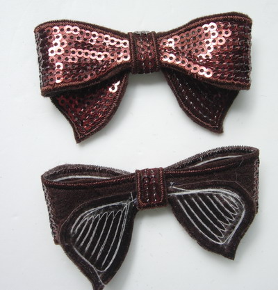 SY89 Brown Bow Tie Sequin Applique Iron On x4 - Click Image to Close