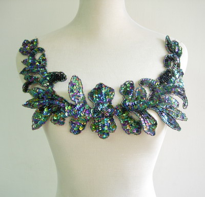 HP45 Large Floral Sequin Bead Applique Collar Hipbelt NeckLine