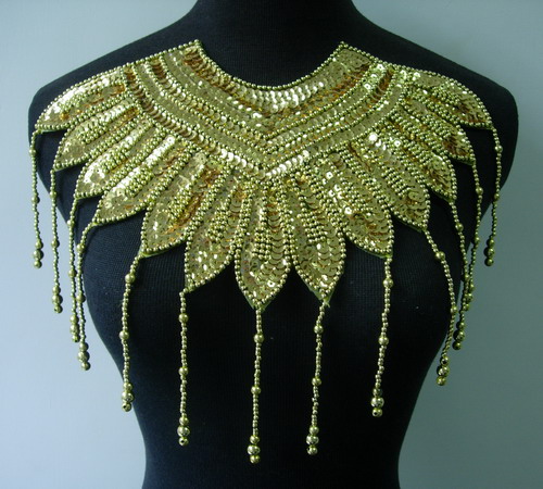 HP51 Gold Fringed Sequin Bead Applique Collar Bodice