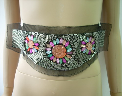 HP64 Bugles Beaded Gemstones Tulle Applique Sew On Belt Hipbelt - Click Image to Close