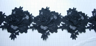 OT57 6.6" Wide Floral Rose Peony Lace Venise Venice Black 1y