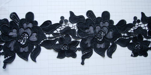 OT59 6" Wide Floral Peony Lace Venise Venice Black 1y - Click Image to Close