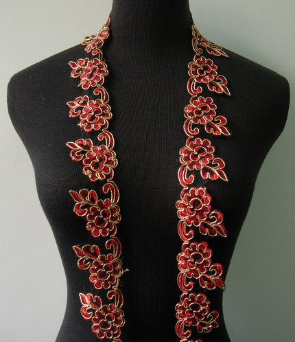 TL135 2" Floral Metallic Trimming Corded Lace Edging Red 1Y