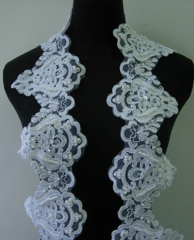 TL145 4.7" White Bridal Floral Sequin Pearl Bead Lace Edging 1Y