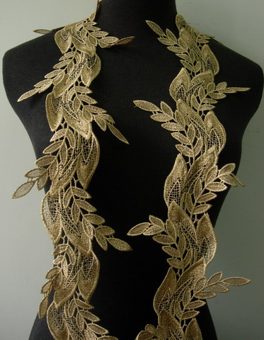 TL156 5 2/8" Leaf Leaves Metallic Trim Lace Edging Beige Gold 1Y - Click Image to Close