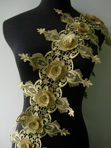 TL161 8" Tier Floral Rose Metallic Trim Lace Edge L.Gold 1Y - Click Image to Close