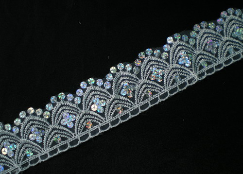 TL32-2 Silver Hologram Sequin Venice Lace Border Trim 14yds
