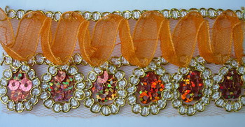 TL53-1 Loopy Orange Hologram Sequins Organza Trim Lace 1y TL53-1 Loopy Orange Hologram Sequins Organza Trim Lace 1y