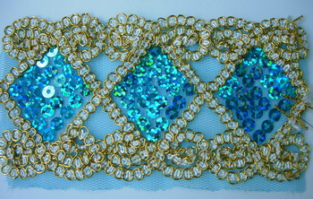 TL55-2 Aqua Hologram Sequins Diamond Shape Trim Lace 1y