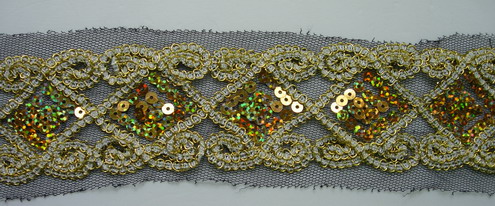 TL57-4B Gold Hologram Sequins Diamond Shape Trim Lace 10yds