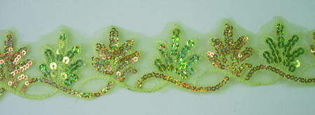 TL75 Lime Gold Leaves Leaf Hologram Sequins Trim Lace 10yards