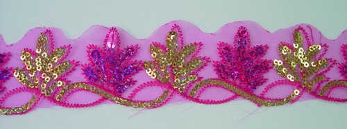 TL76 Fuchsia Gold Leaves Leaf Hologram Sequins Trim Lace 14yards