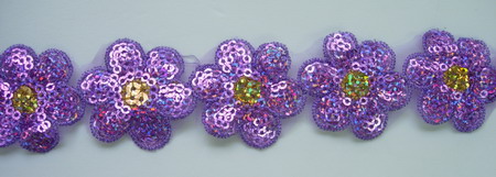 TL82-3 Petals Flower Embroidery Sequin Trim Lace Laser Purple 1y