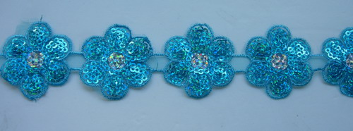 TL82 Petals Flower Embroidery Holgram Sequin Trim Lace Aqua 1y - Click Image to Close