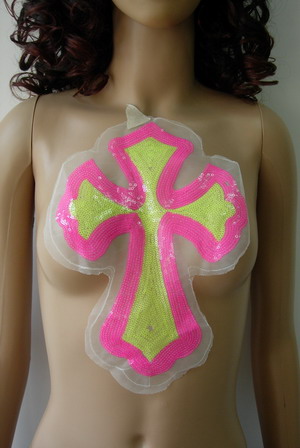 VB31 Gothic Holy Cross Sequin Netting Applique Motif Yellow Pink - Click Image to Close