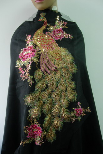 VB46 Large Pheonix Peacock Embroidery Sequined Trim Tulle Motif - Click Image to Close