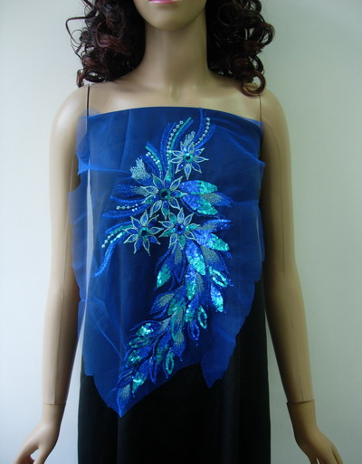 VB48-2 Long Floral R.Blue Trim Sequined Trim Tulle Applique