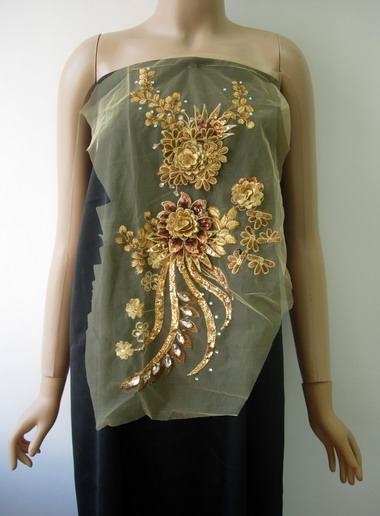 VB63 Gold Brown 3D Layered Floral Sequin Gems Tulle Applique