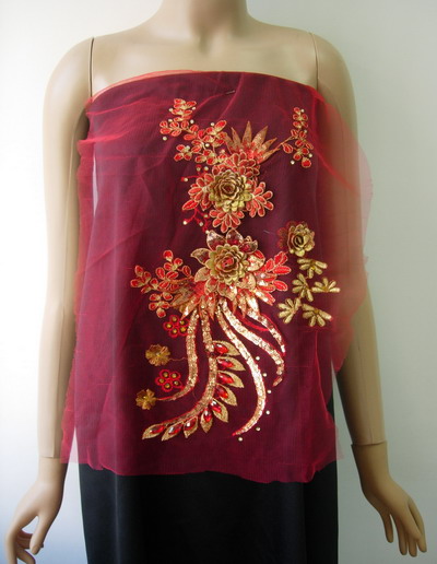 VB64 Red Gold 3D Layered Floral Sequin Gems Tulle Applique - Click Image to Close