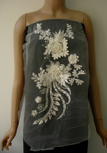 VB65-2 Cream Silver 3D Layered Floral Sequin Gems Tulle Applique