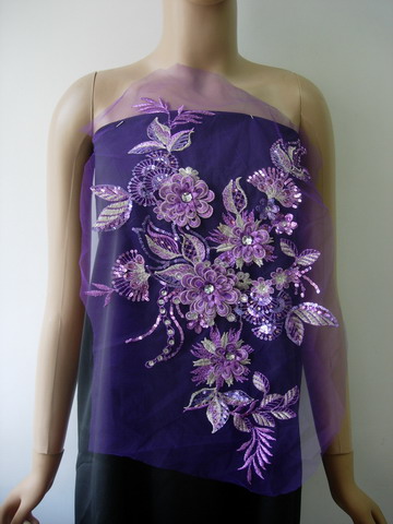 VB91 3D Tier Floral Leaves Gemstone Sequined Tulle Motif Purple