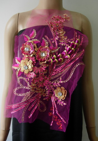 VB92 Fuchsia 3D Floral Trims Rhinestone Sequined Tulle Applique - Click Image to Close