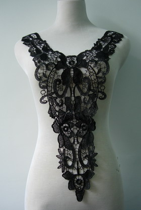 VY48 Huge Vintage Floral Bodice Lace Venice Venise Applique Blk